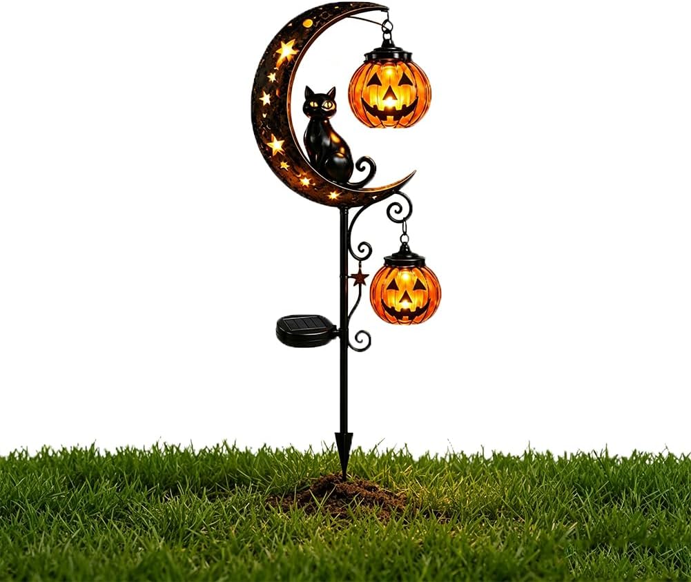 Outdoor Lighting Black - Solar Halloween Black Cat Pumpkin Moon